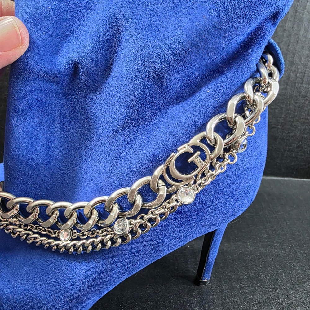 Guess Royal Blue Faux Suede Chain Link Stiletto Ankle Boots Size 9M - Picture 2 of 8